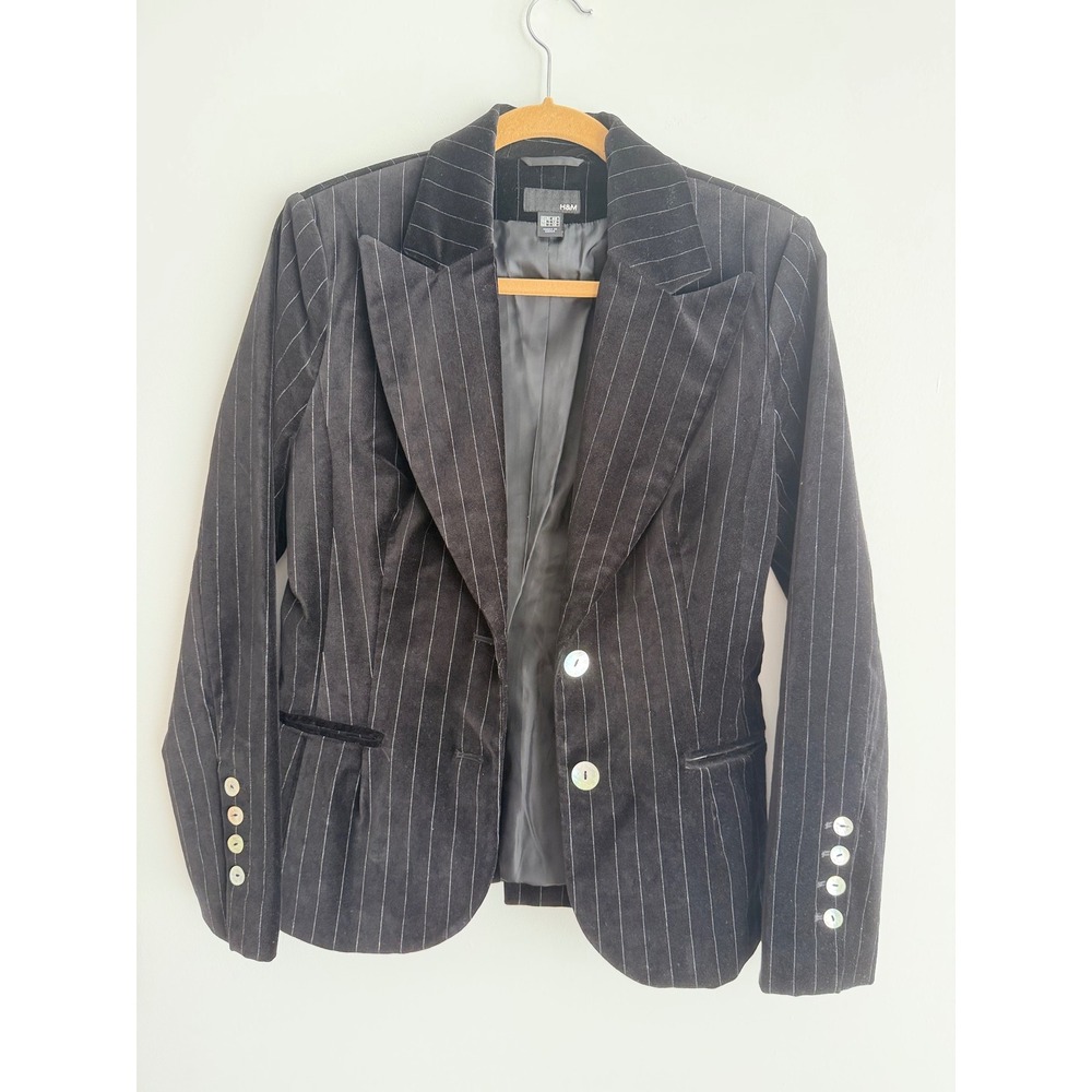 H&M Women Black Pinstripe Velvet Blazer Jacket Peak Lapel Chic Glam Party Sz 10